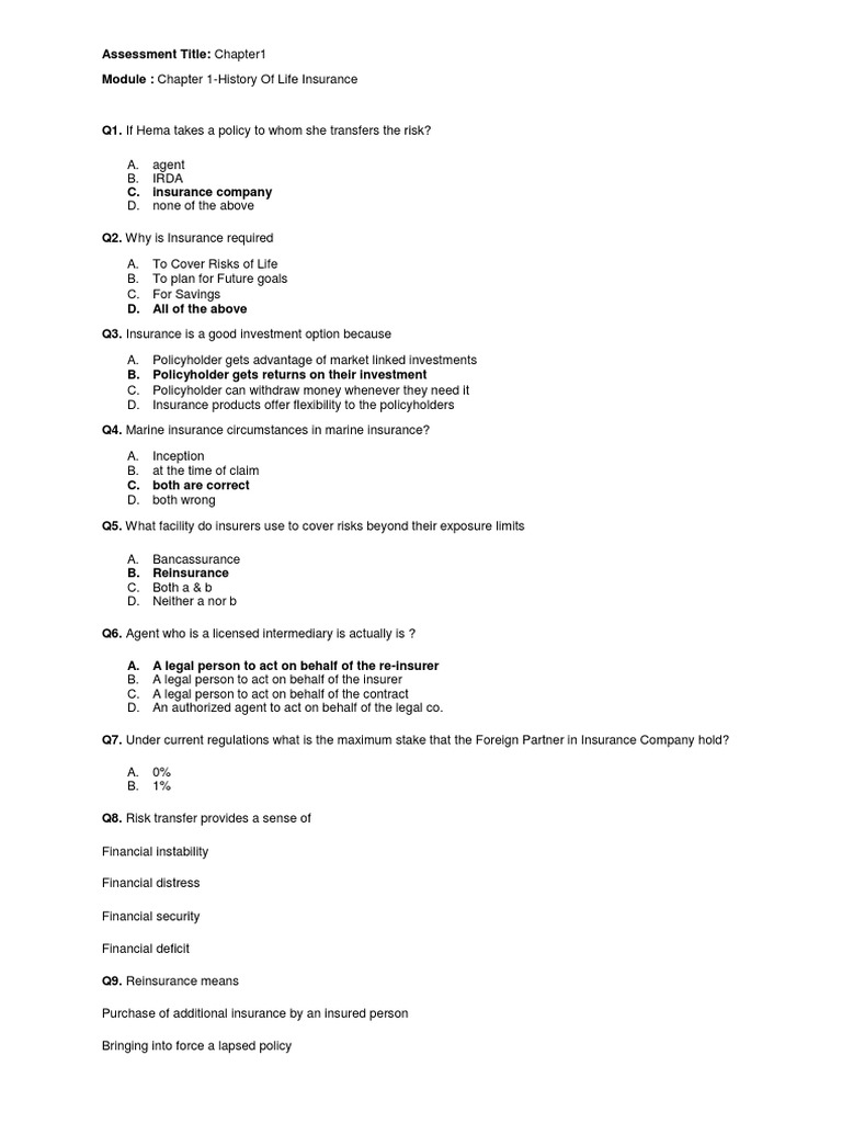 Life Insurance History Quiz | PDF | Reinsurance | Insurance