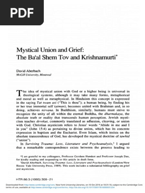 Aberbach Mystical Union and Grief the Ba Al Shem Tov and Krishnamurti