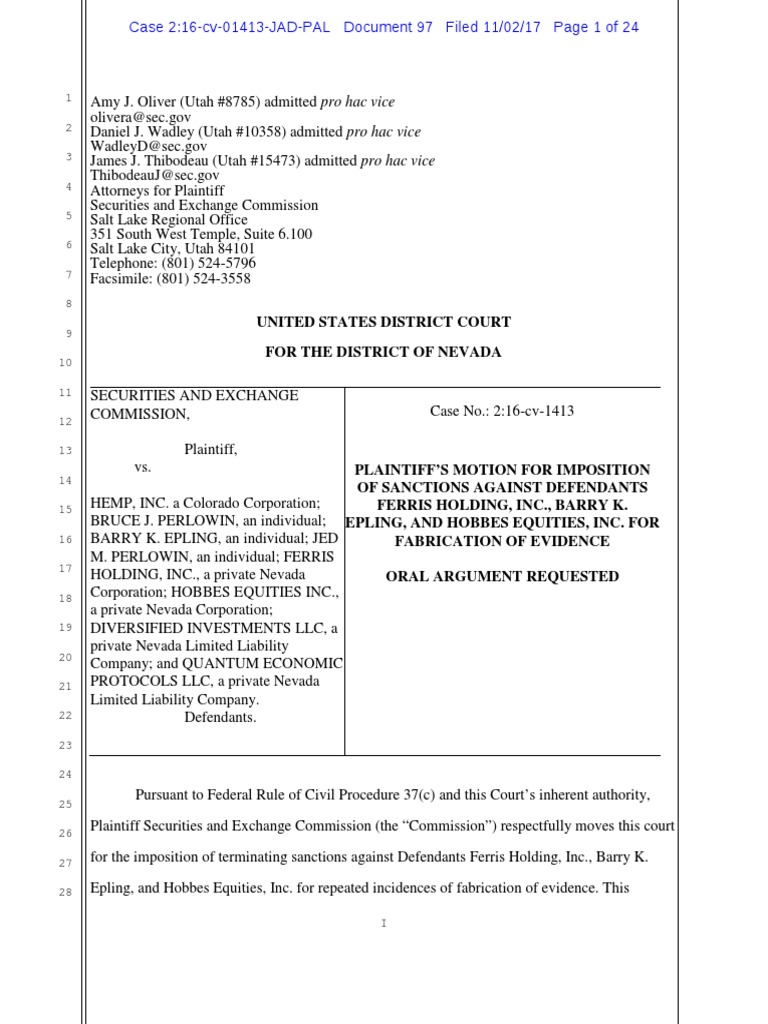 SEC Motion for Sanctions Against Defendants | PDF | Discovery (Law ...