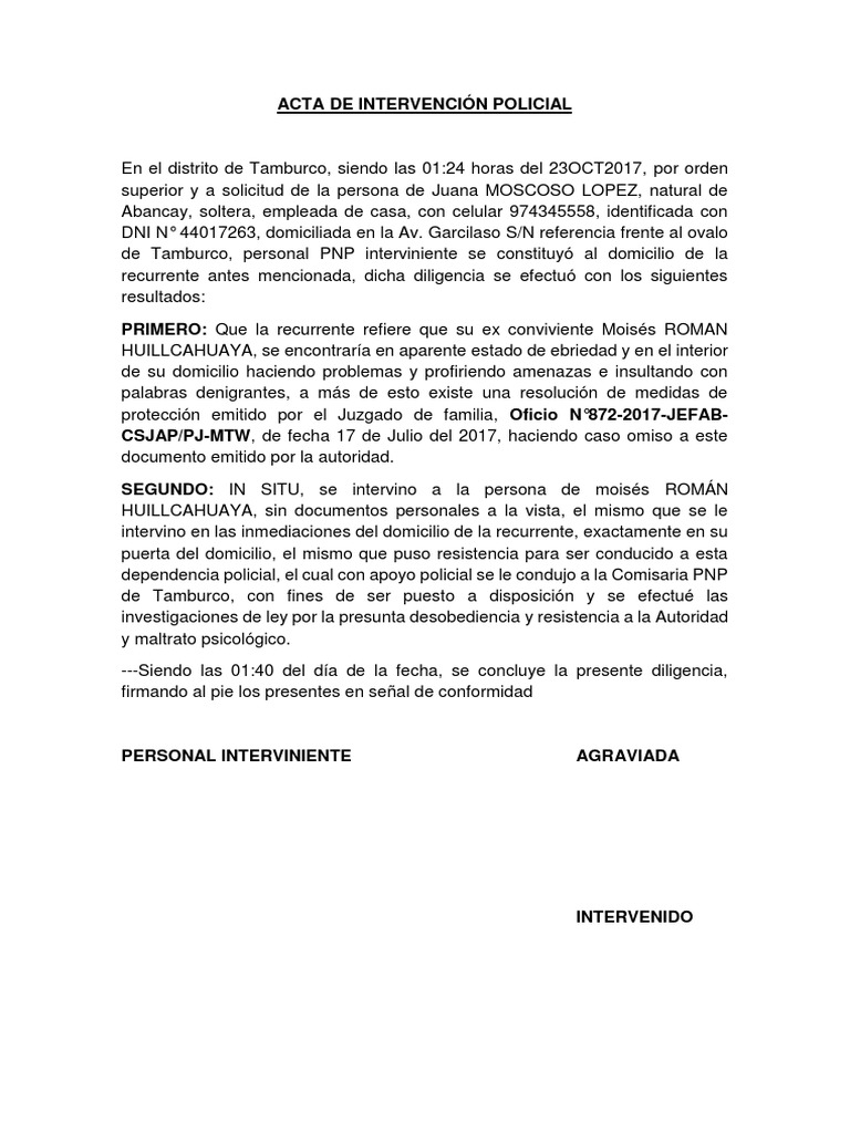 Acta de Intervención por Violencia Familiar | PDF