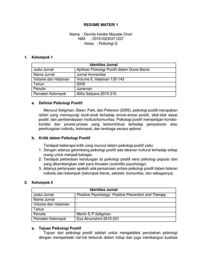 Resume Materi 1 Definisi Psikologi Positif