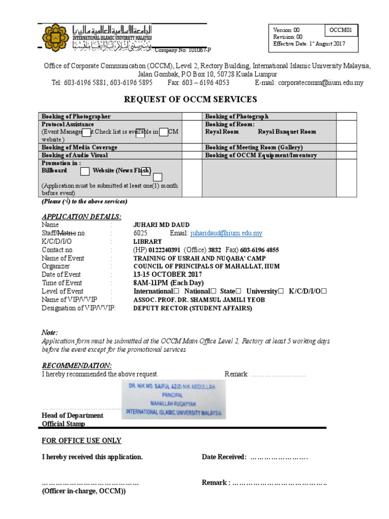 Request of Occm Services: (Event Management Check List Is Available in ...