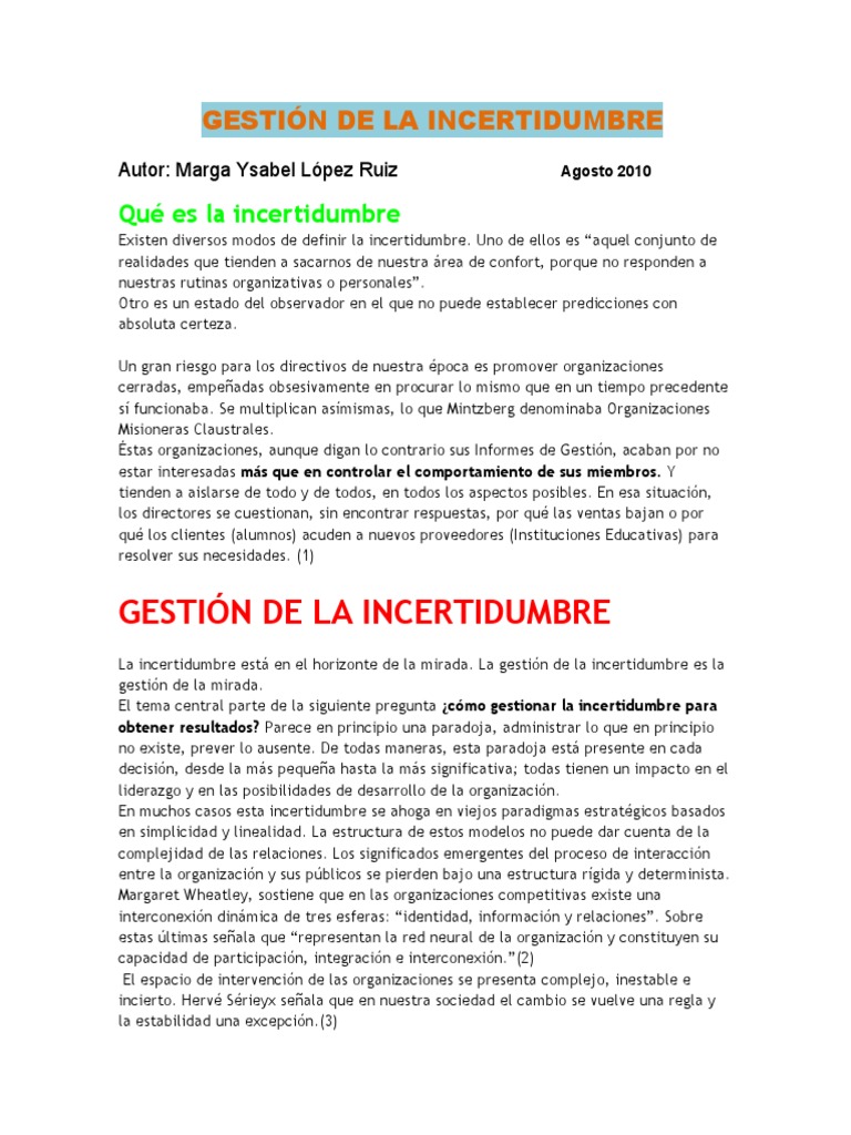 Gestión de la Incertidumbre Organizacional | PDF | Incertidumbre ...