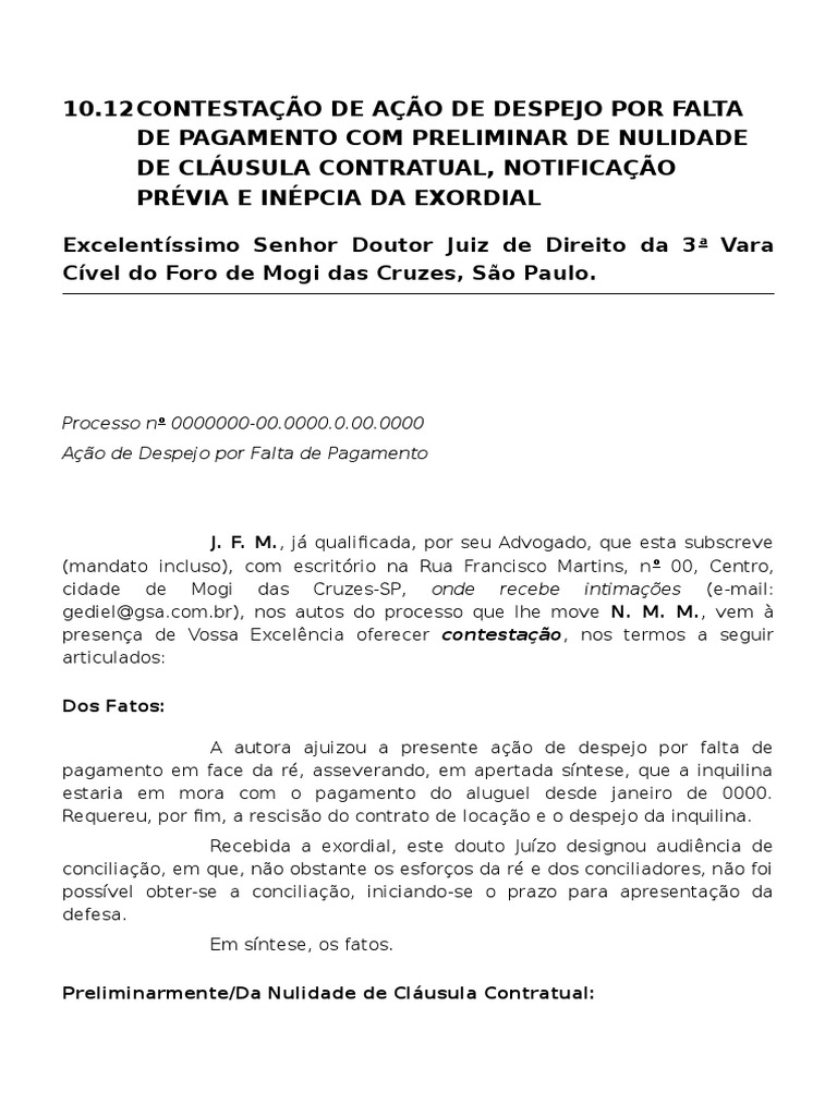 10.12 Contestação de Ação de Despejo Por Falta de Pagamento Despejo