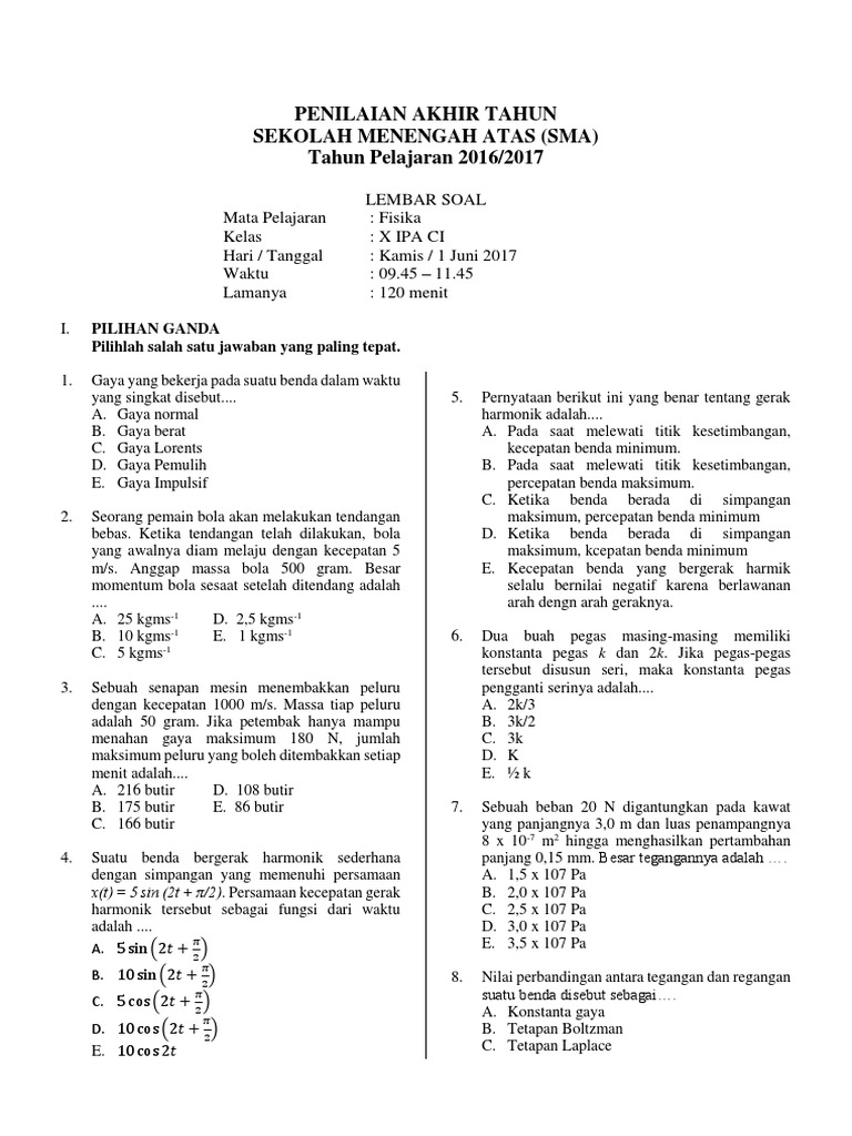 Contoh Soal Pat Fisika Kelas X Ci