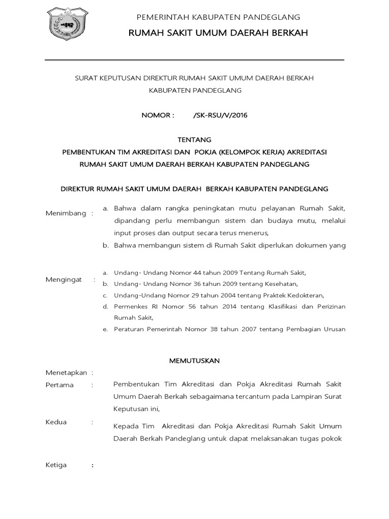Surat Keputusan Direktur Rumah Sakit Umum Berkah Akreditasi