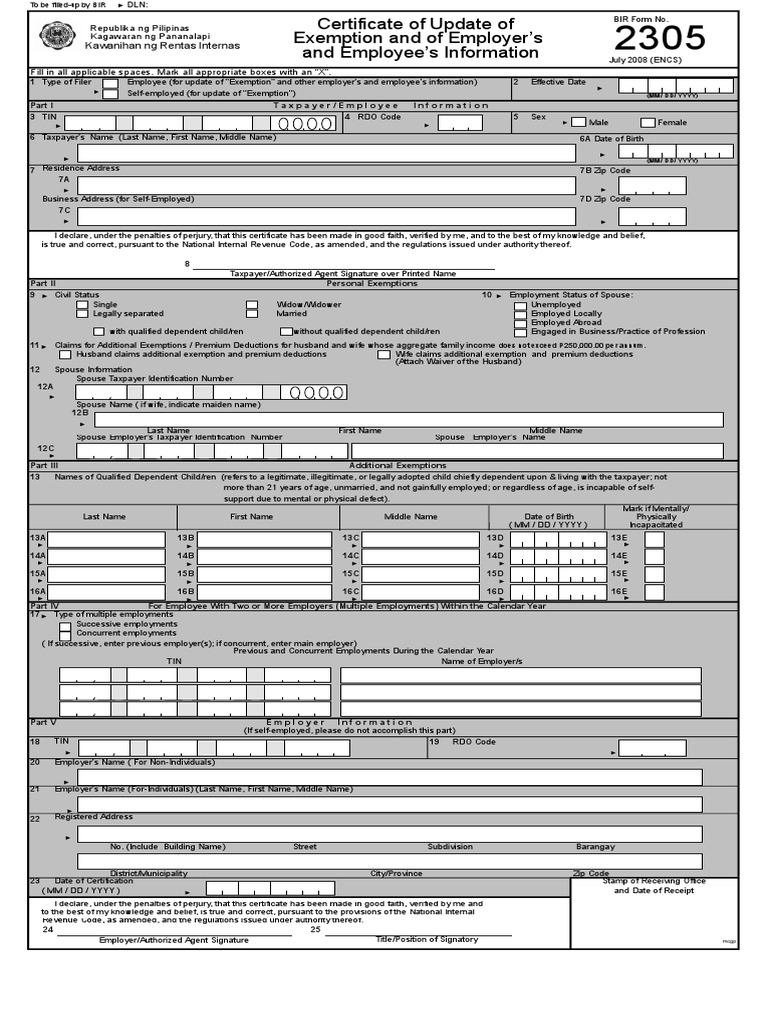 Update BIR Form 2305 for Exemptions | PDF | Personal Exemption (United ...