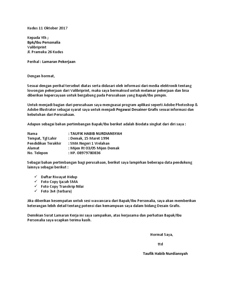 Contoh Surat Lamaran Kerja Di Dinas Pariwisata