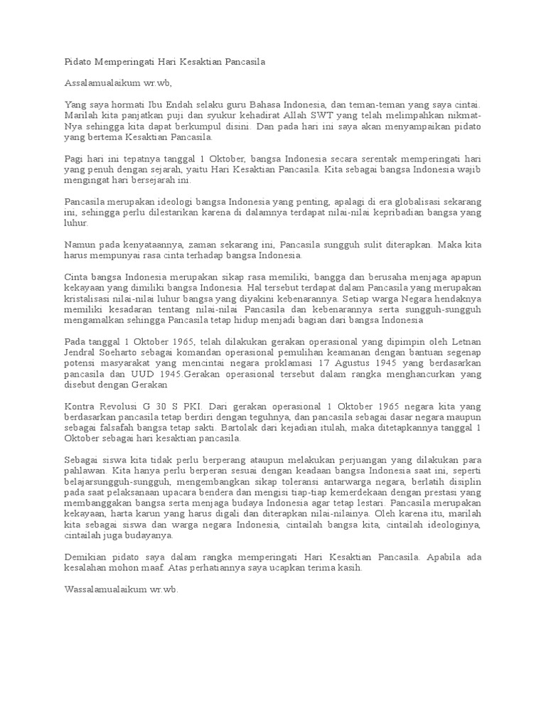 Naskah Pidato Tentang Hari Kesaktian Pancasila