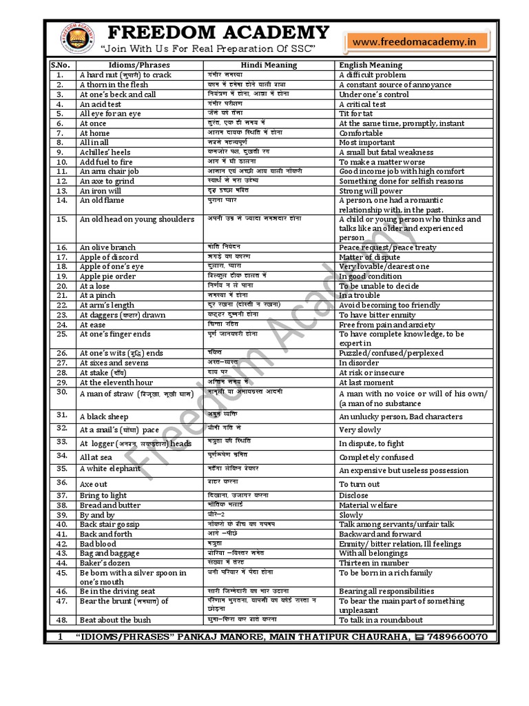 Idioms With Hindi 1 Pdf Nature