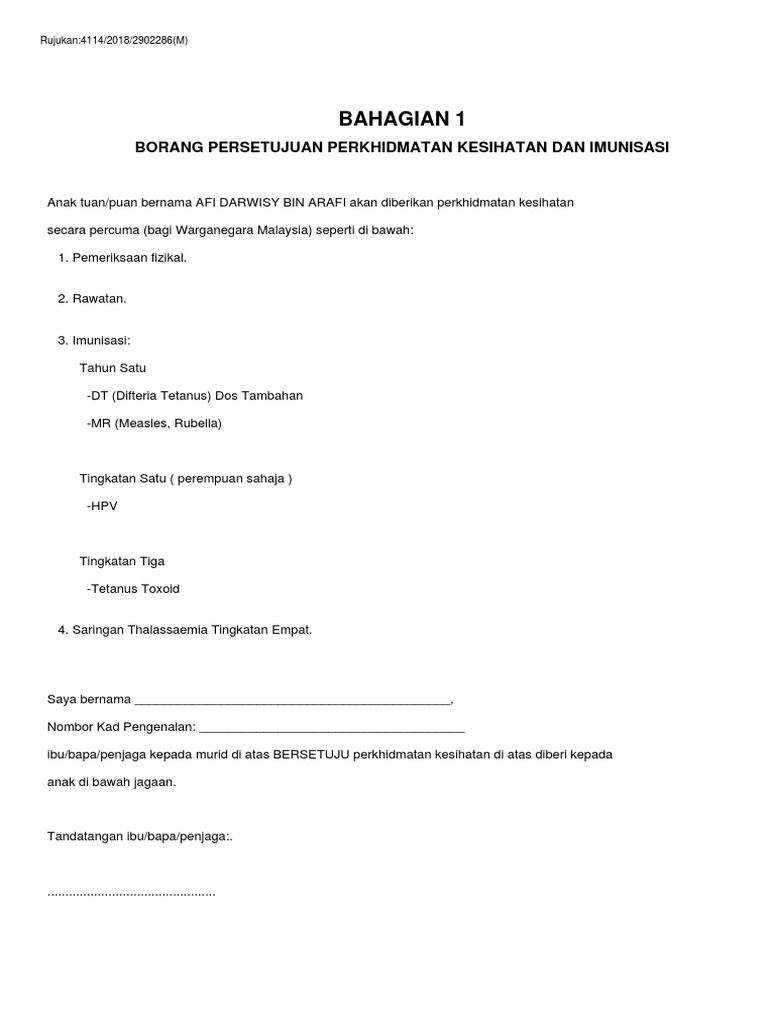Bahagian 1 Borang Persetujuan Perkhidmatan Kesihatan Dan Imunisasi Pdf