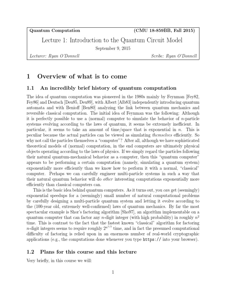 Quantum Computation Scribe Notes by Ryan O'Donnell and John Wright