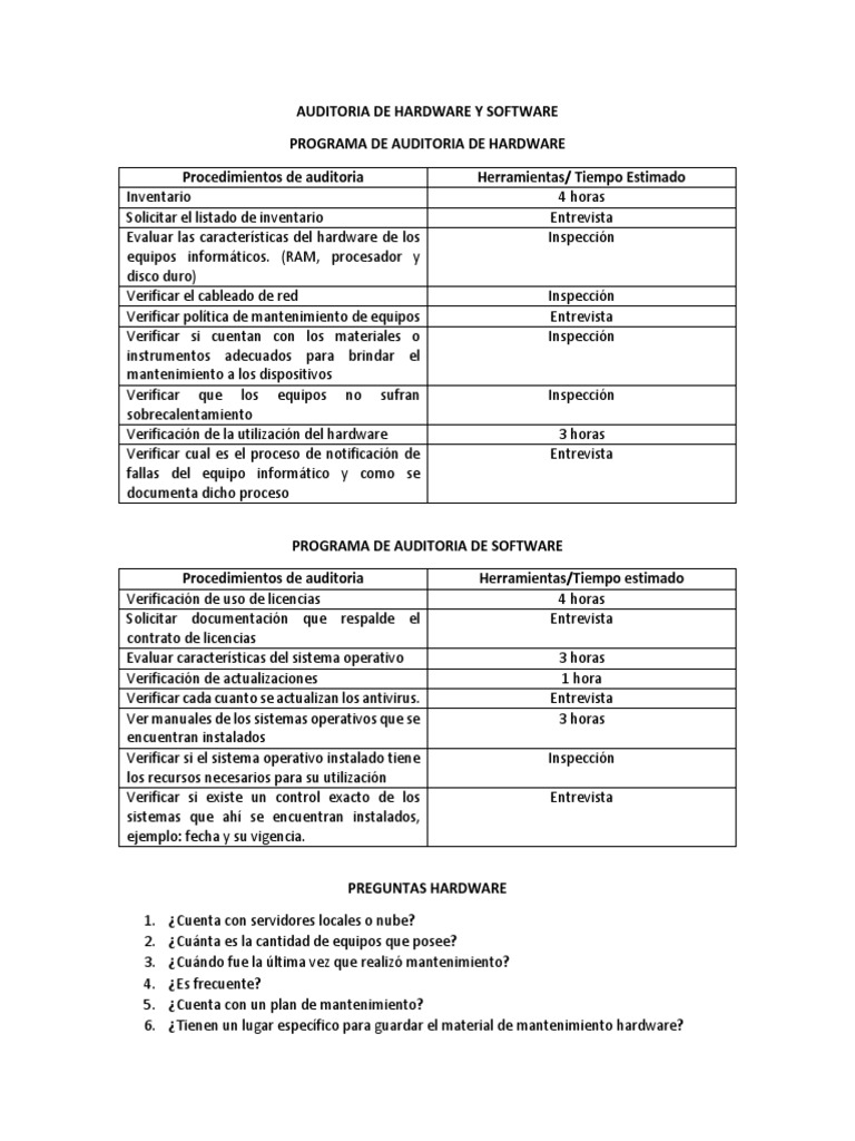 Auditoría de Hardware y Software | PDF | Hardware de la computadora ...