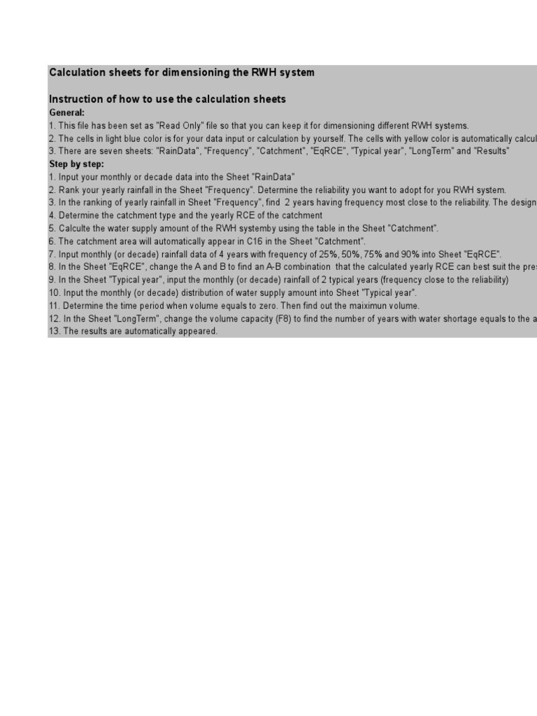 RWH System Dimensioning Calculation Sheets | PDF | Drainage Basin | Water