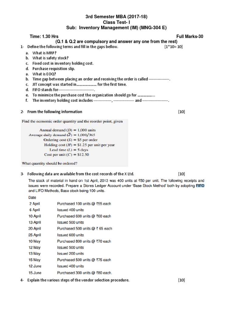 MBA Inventory Management Test 2017-18 | PDF