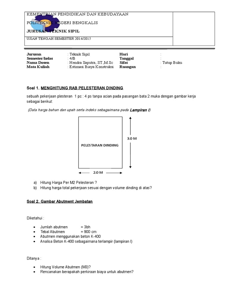 Soal Uts Estimasi Biaya Konstruksi