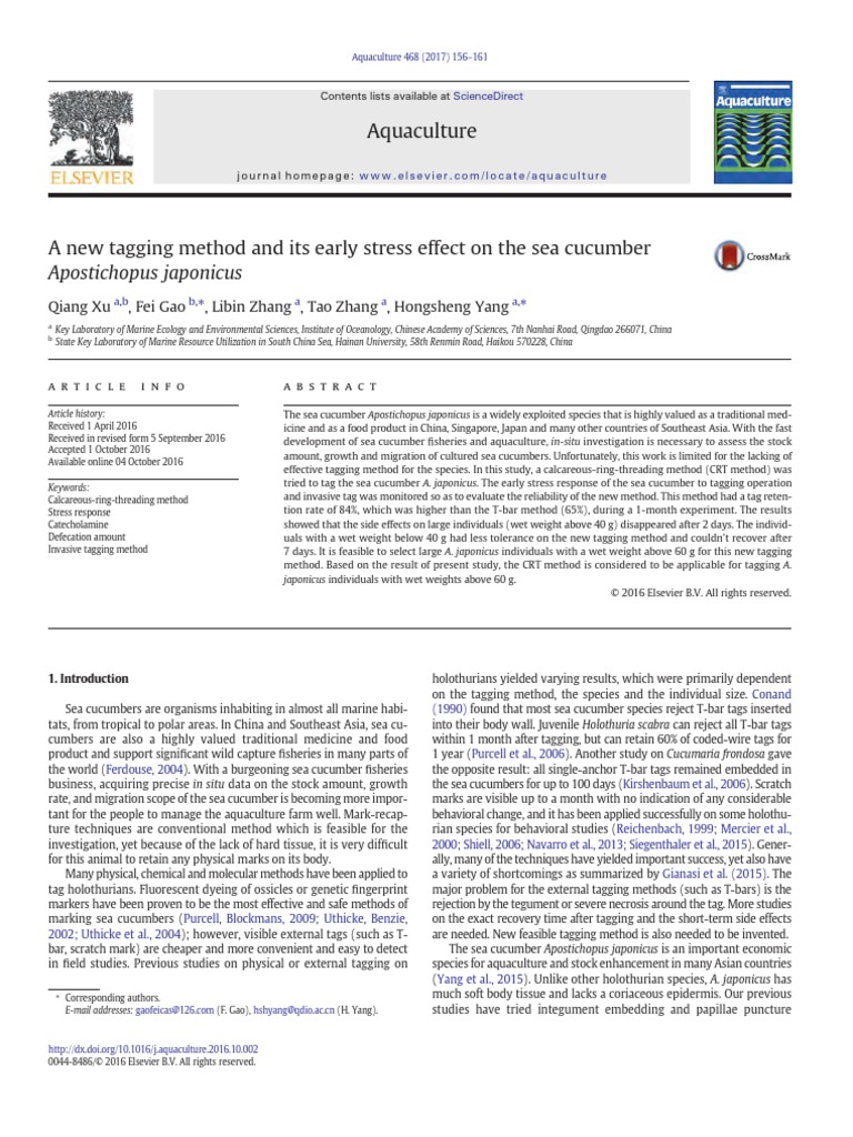 New Tagging Methode For Sea Cucumber PDF Stress (Biology) Post