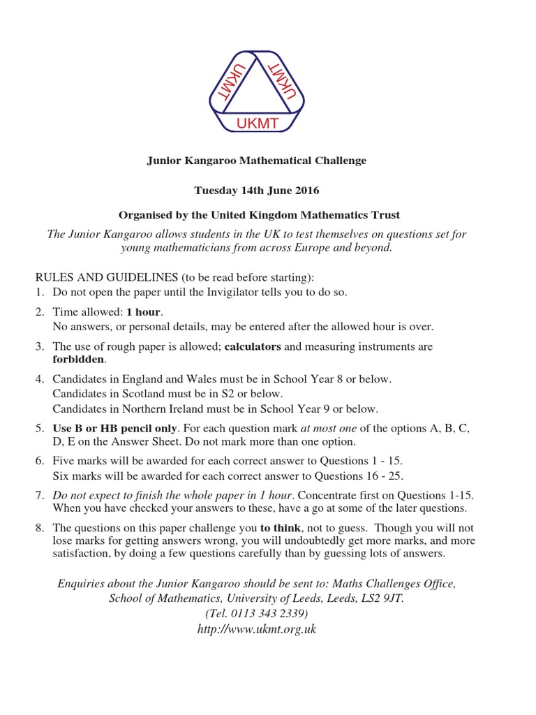 Junior Kangaroo Mathematical Challenge Tuesday 14th June 2016 Organised ...