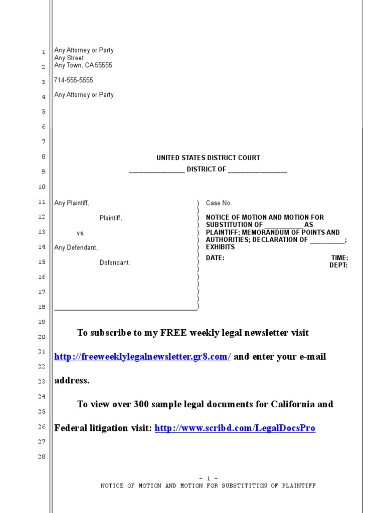 Sample Motion for Substitution of Plaintiff in United States District