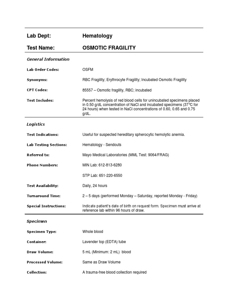 Lab Dept Hematology Test Name Osmotic Fragility General Information