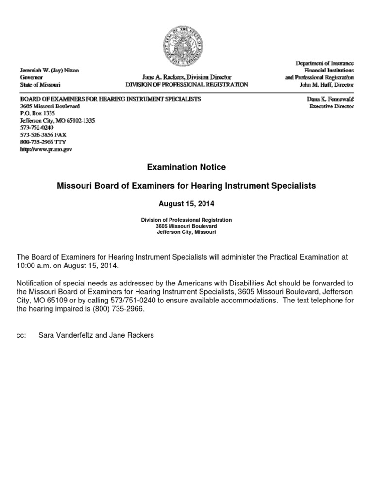 Examination Notice Missouri Board of Examiners For Hearing Instrument