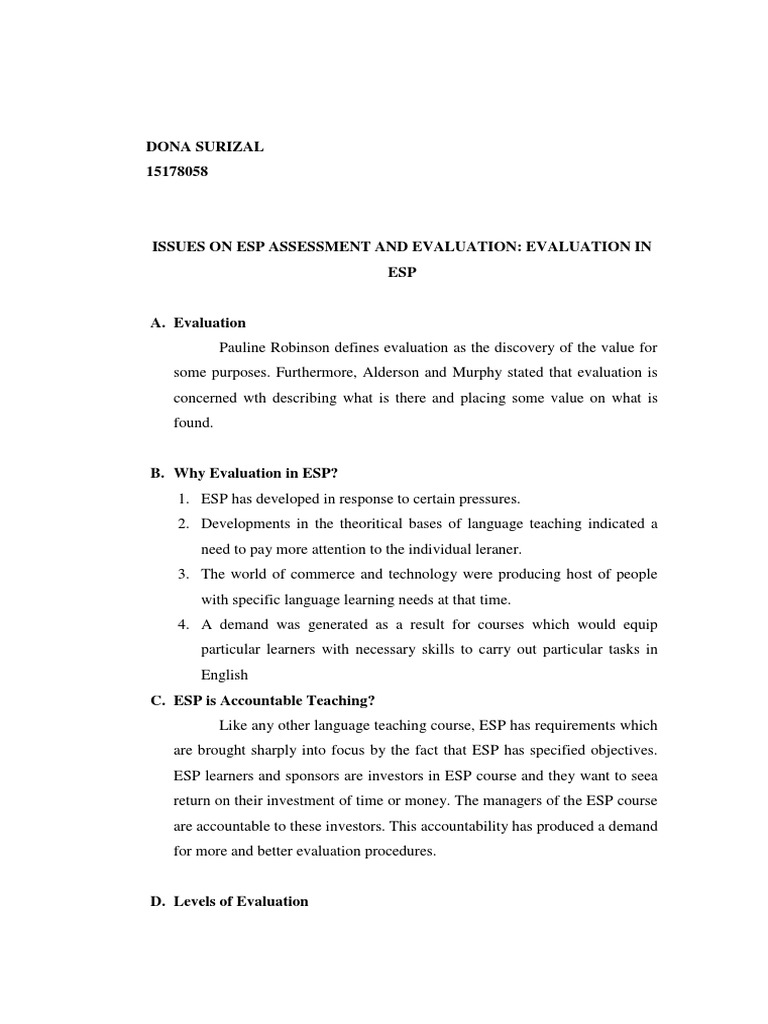 ESP Assessment and Evaluation Insights | PDF | Course Evaluation | Test ...