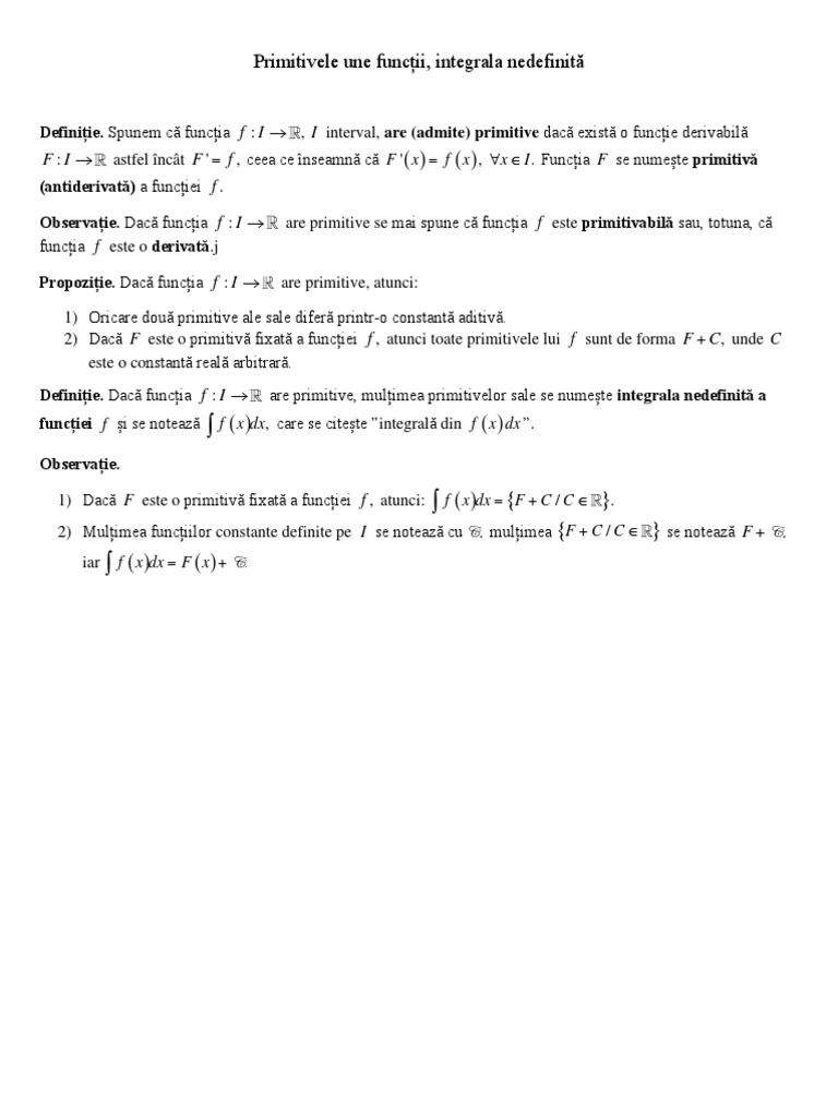 Primitivele Unei Functii, Integrala Nedefinita, Tabelul Primitivelor | PDF