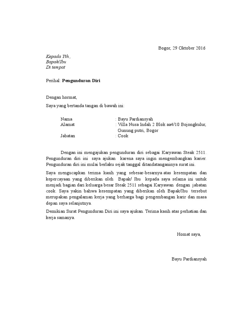 Contoh Surat Pengunduran Diri Karyawan