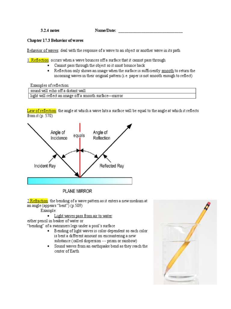 3 2 4 teacher notes wave behavior | Reflection (Physics) | Waves