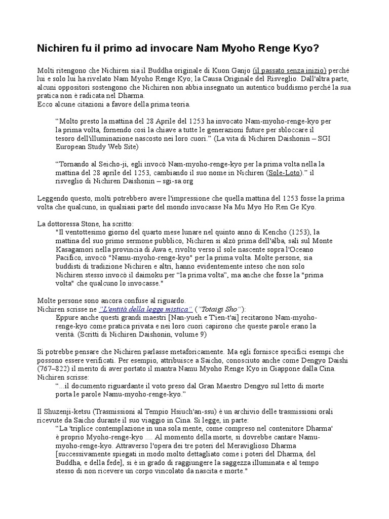 Nichiren Fu Il Primo Ad Invocare Nanu Myoho Renge Kyo