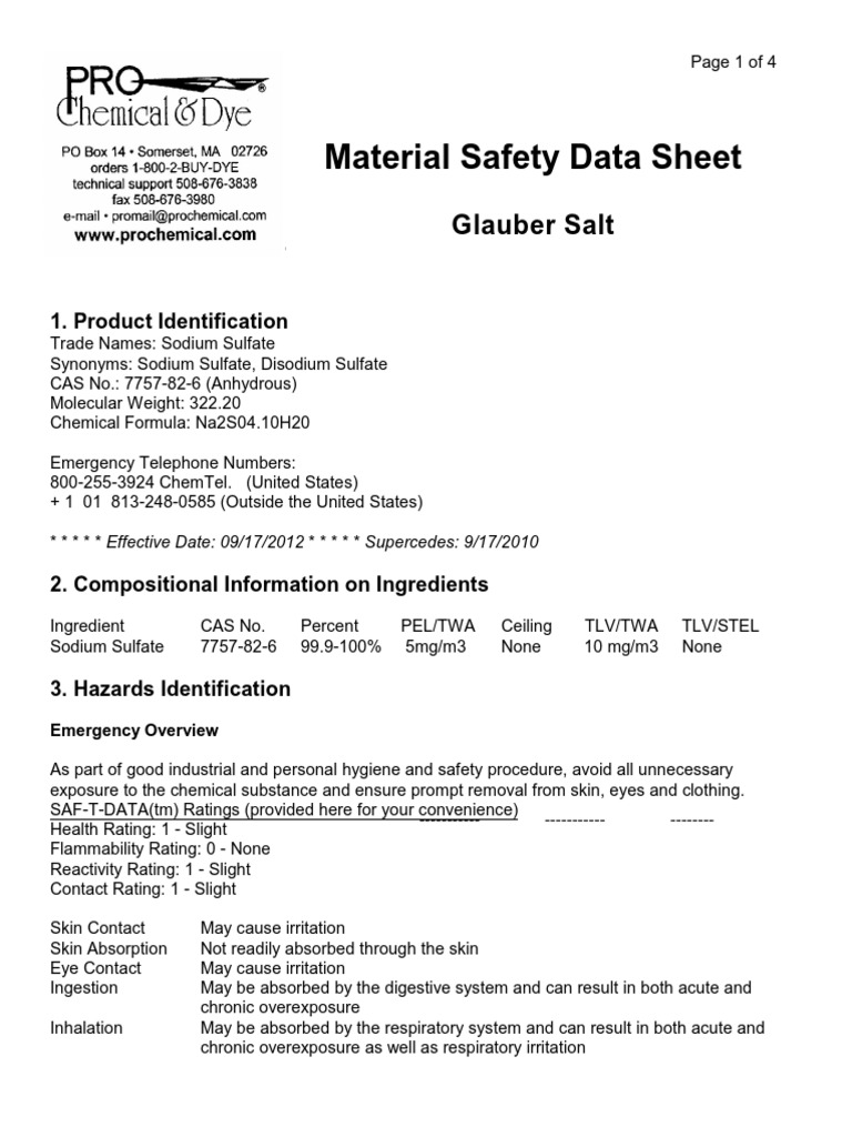 MSDS Glauber Salt Toxicity Firefighting
