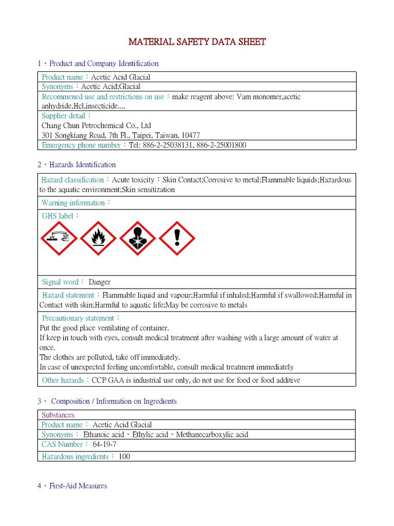 Acetic Acid Glacial MSDS Overview | PDF | Toxicity | Firefighting