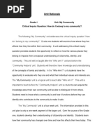 Unit Rationale: Grade:1 Unit: My Community Critical Inquiry Question: How Do I Belong To My Community?