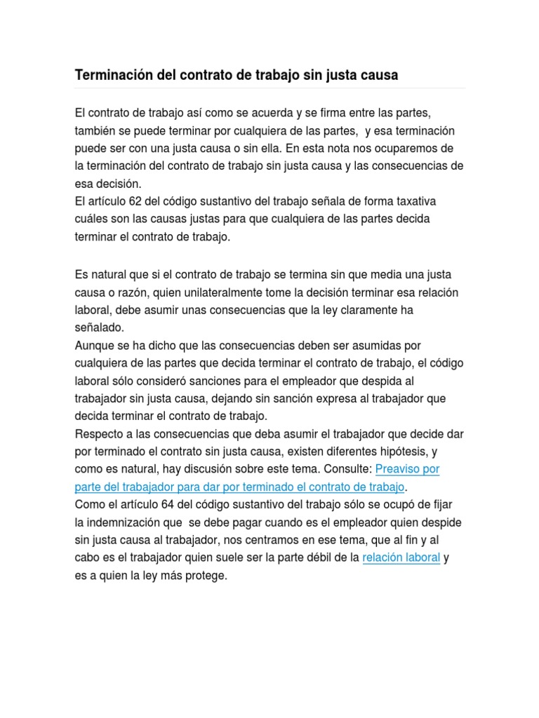 Terminación de contrato sin justa causa
