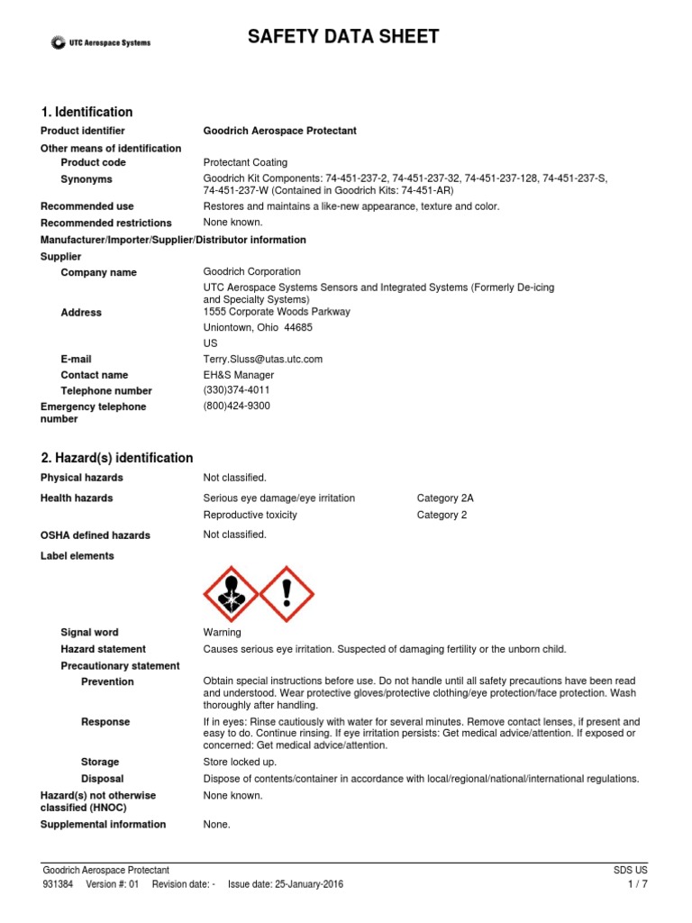 Goodrich Aerospace Protectant MSDS | Dangerous Goods | Firefighting
