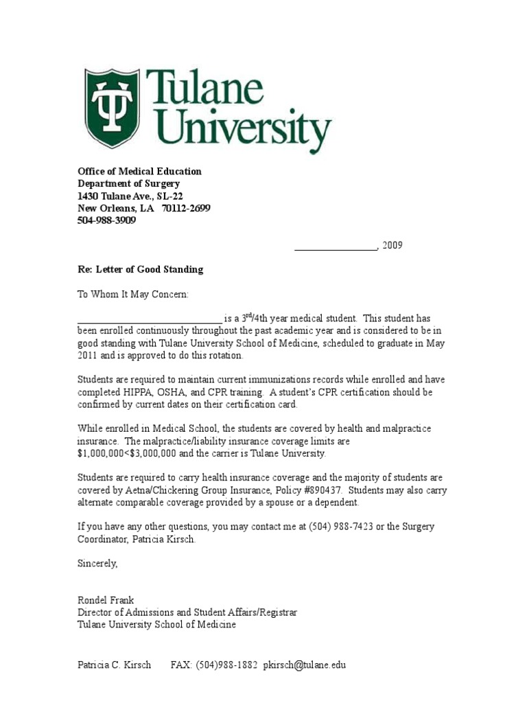 Letter of Good Standing | Medical School | Medical Education