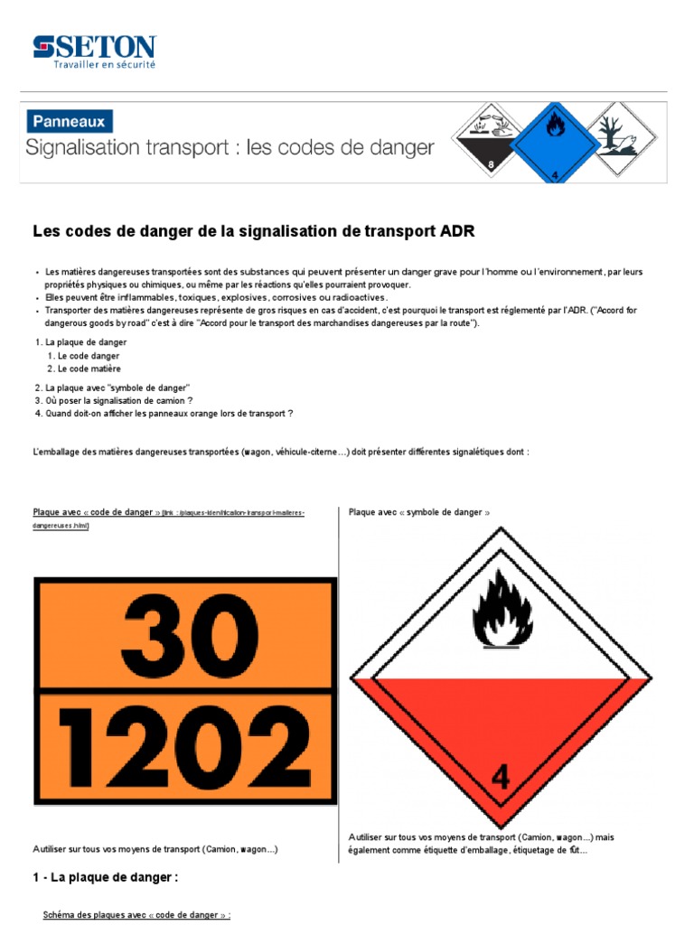 Codes et signalisation ADR matières dangereuses | PDF | Substances ...