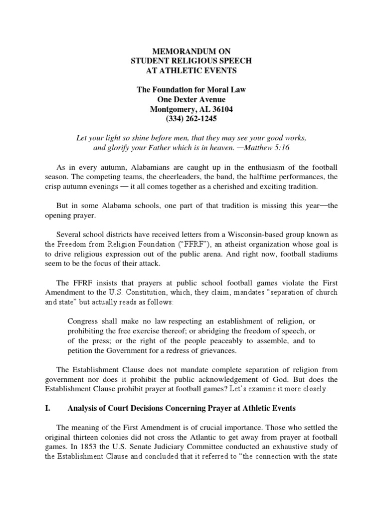 Foundation For Moral Law Memorandum Establishment Clause Free Exercise Clause