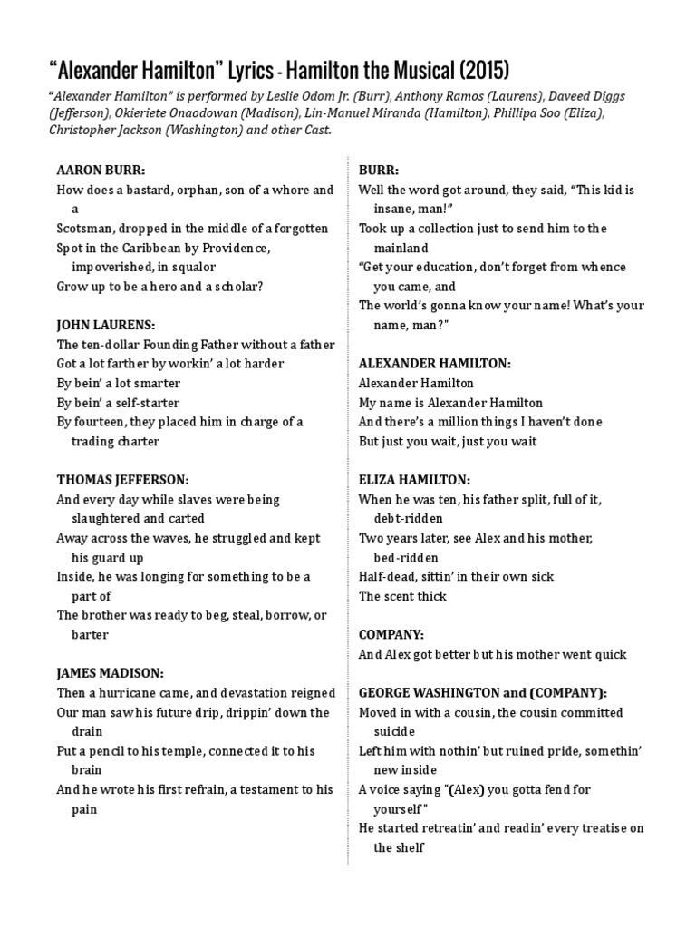 Hamilton Lyrics Pdf Hamilton Musical Alexander Hamilton