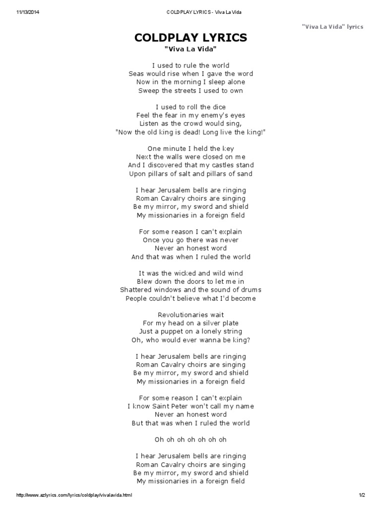 Coldplay Lyrics Viva La Vida Leisure Entertainment (General)