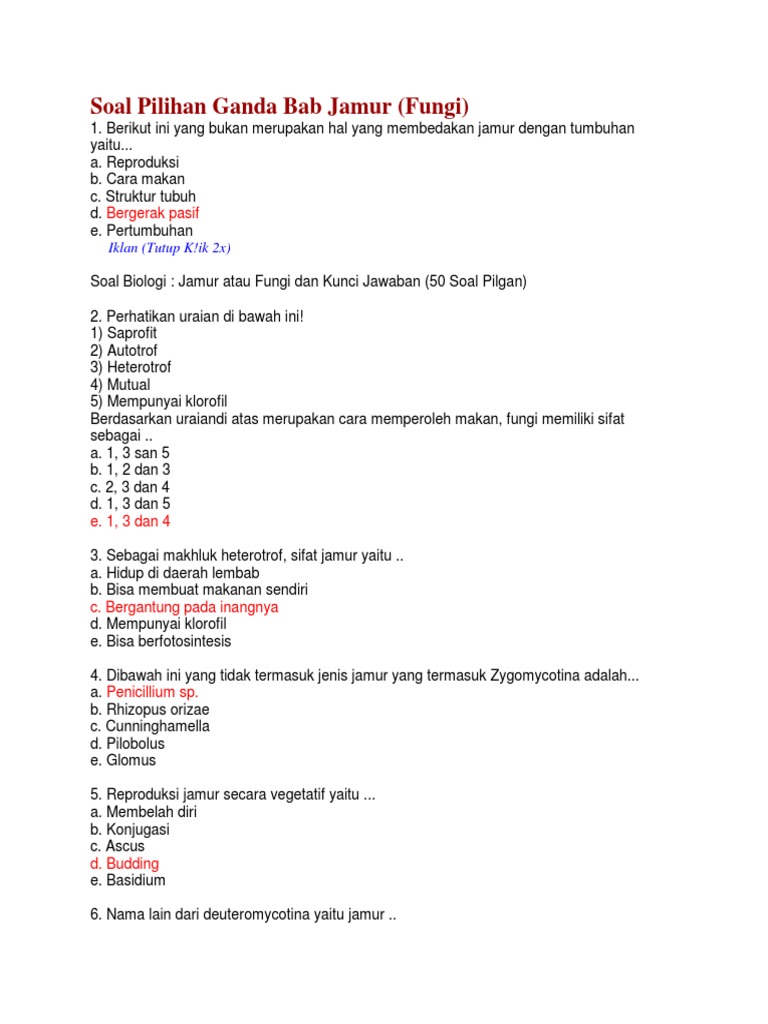 Soal Pilihan Ganda Bab Jamur