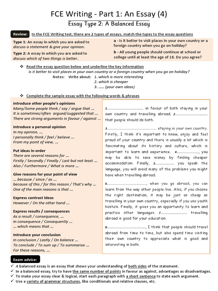 FCE Balanced Essay Writing Guide | PDF | Essays | Linguistics