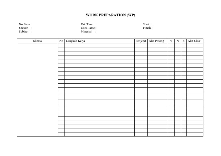 Work Preparation (WP) : No. Item: Est. Time: Start: Section: Used Time ...