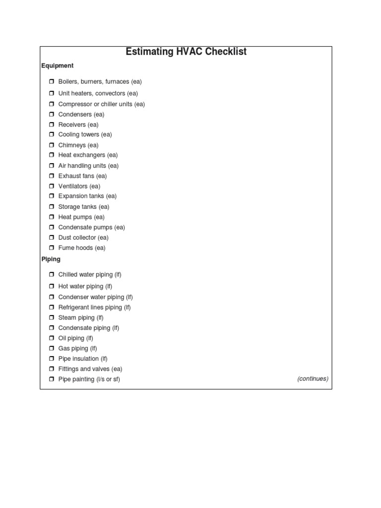 Estimating HVAC Checklist