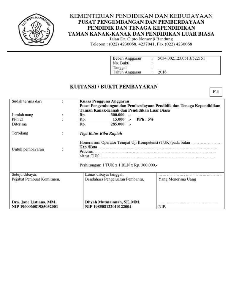 1 Kwitansi Honor Operator Tukkalimantan Per Bulan
