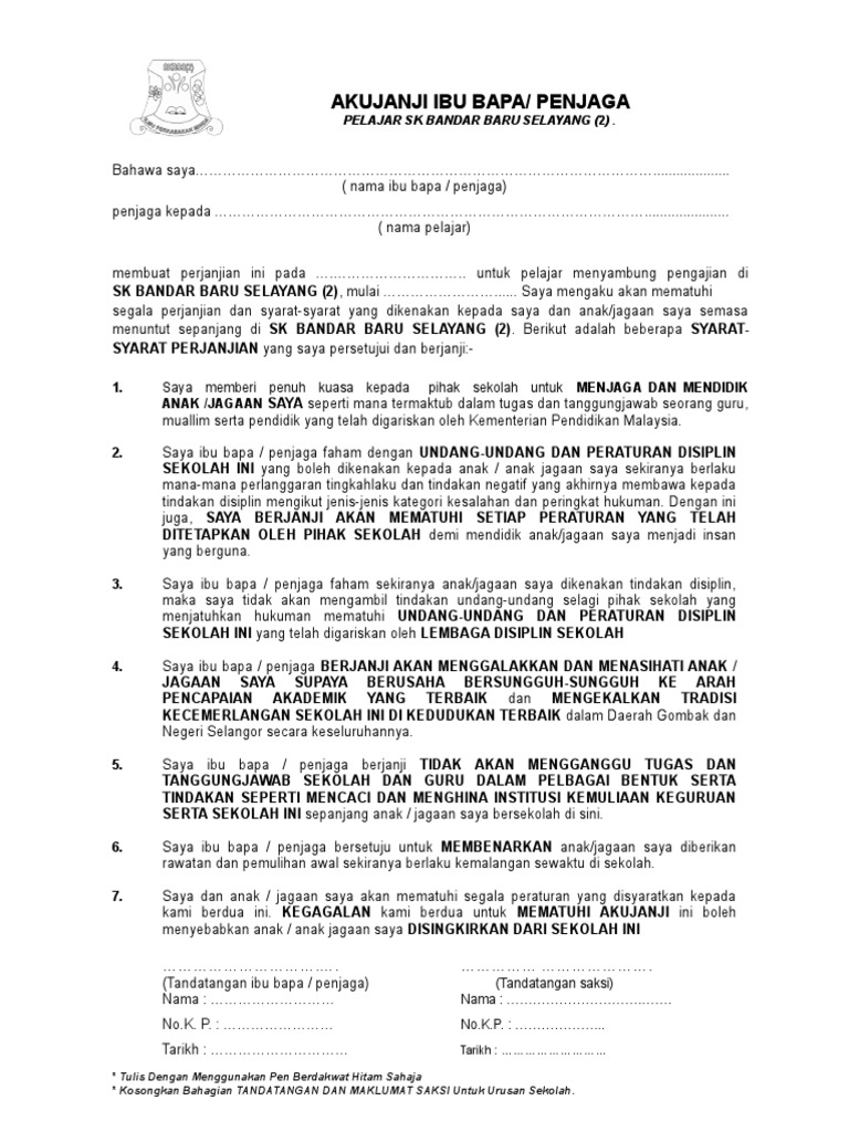 Surat Makluman Ibubapa Program Sekolah Aku Janji Pelajar Masalah Disiplin