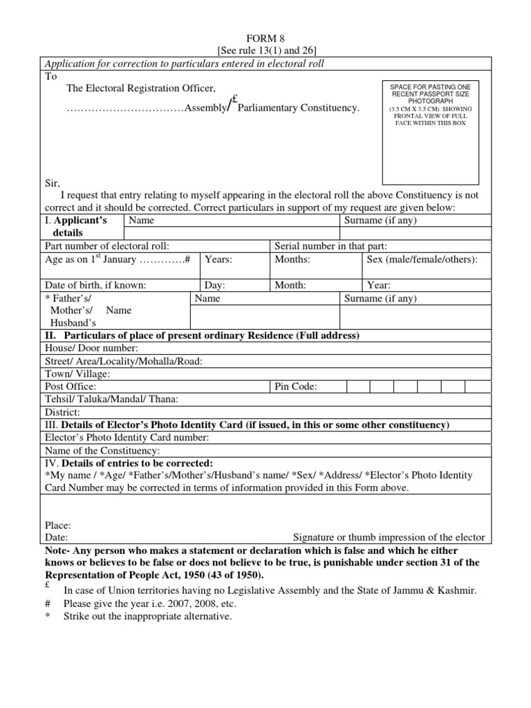 Voter ID Form 8 Correction Guide | PDF | Birth Certificate | Identity ...