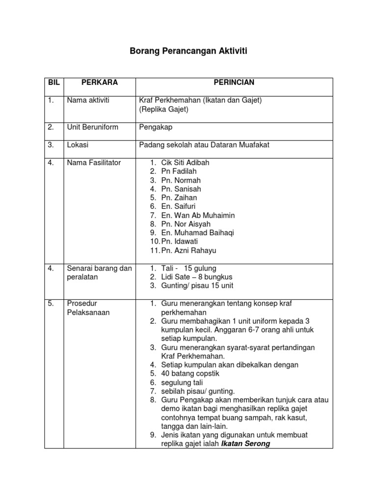 Borang Perancangan Aktiviti Perkhemahan Pdf