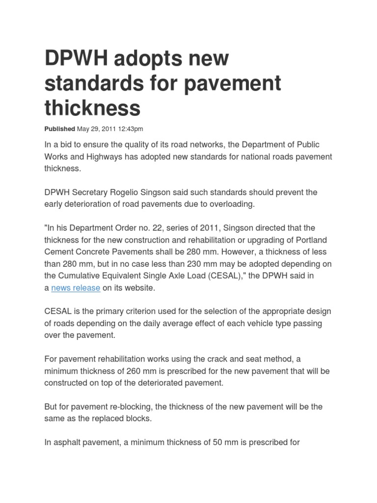 DPWH Adopts New Standards For Pavement Thickness Road Surface Road