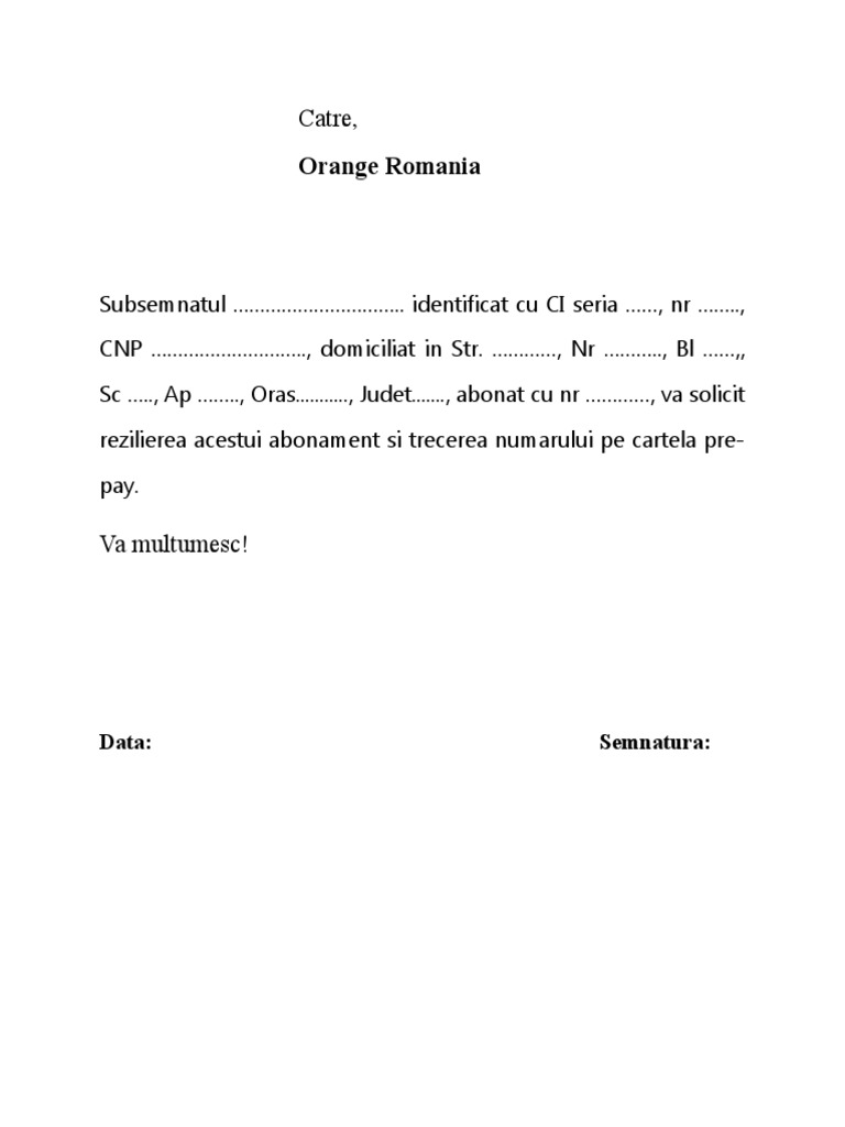 Model Cerere Reziliere Contract Orange Romania Doc